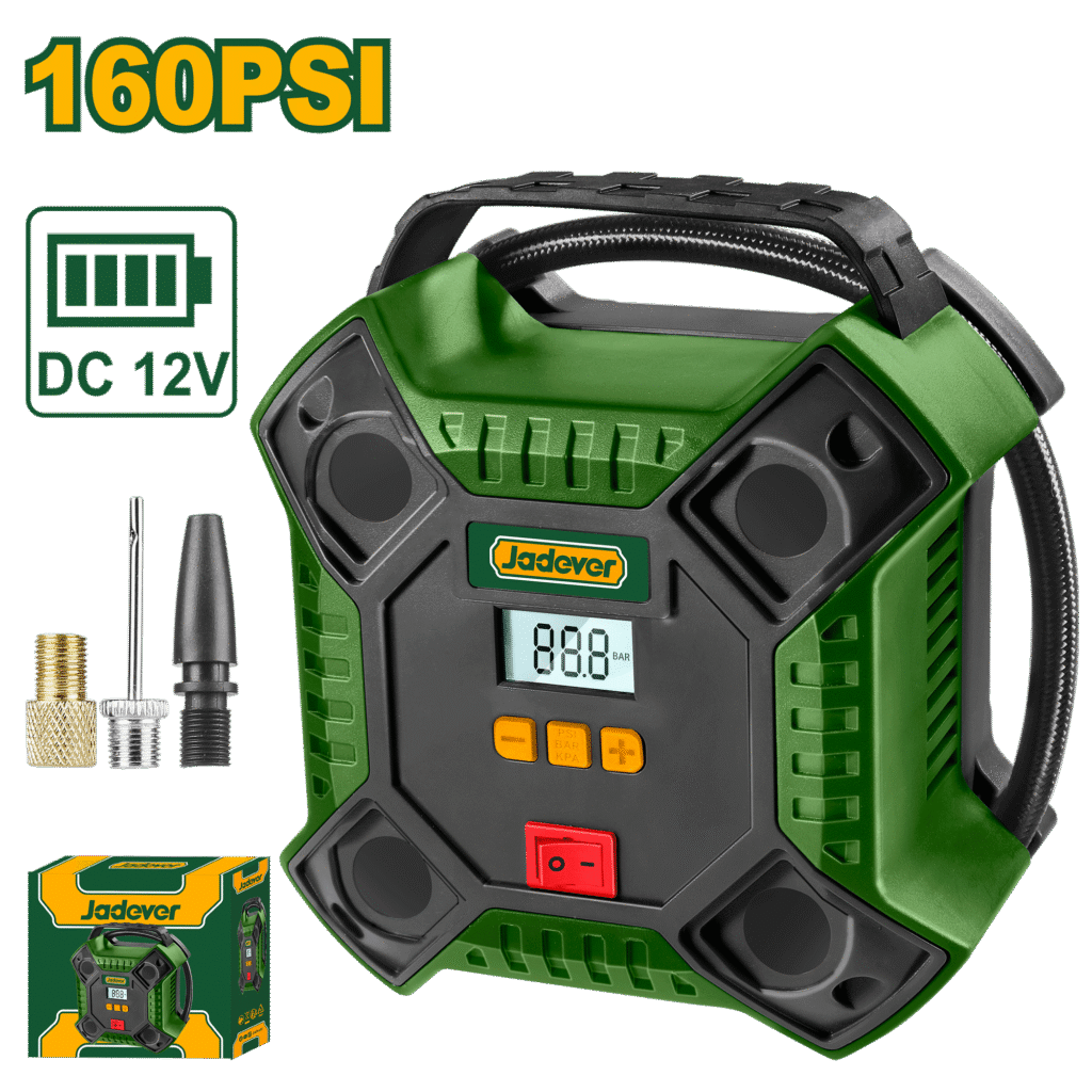 COMPRESOR DE AIRE PARA AUTOS, 12V, PRESION MAX. 160PSI/11Bar, FLUJO DE AIRE MAX. 35L/MIN, LUZ DE TRABAJO INTEGRADA, INCLUYE 3M DE CABLE CON ENCENDEDOR DE CIGARRILOS Y TRES ADAPTADORES
