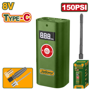 COMPRESOR DE AIRE PARA AUTOMÓVIL CON BATERIA LI-ION - VOLTAJE: 8V - MÁX. PRESIÓN: 150PSI / 10 BAR / 1000KPA - MÁX. FLUJO DE AIRE: 6L/MIN - PUERTO DE CARGA: USB TIPO C