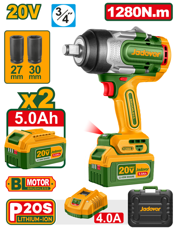 LLAVE DE IMAPCTO BRUSHLESS 34 INALÁMBRICA 2200 RPM  3300 BPM CON 2 BATERÍAS LI-ION 5 Ah – VOLTAJE: 20V – PAR APRIETE: 1280NM  REVERSA: 1800NM – INCLUYE CARGADOR RAPIDO 4A