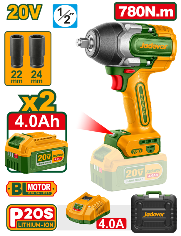 LLAVE DE IMPACTO INALAMBRICA BRUSHLESS – 20V – 780 NM – 1/2″