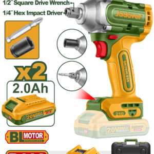 LLAVE DE IMPACTO INALAMBRICA, MOTOR BRUSHLESS, TENSION 20V, LUZ DE TRABAJO INTEGRADA, INCLUYE UNA LLAVE, DOS BATERIAS 2Ah, UN CARGADOR, MALETIN
