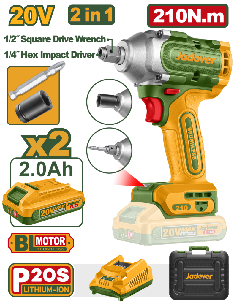LLAVE DE IMPACTO INALAMBRICA, MOTOR BRUSHLESS, TENSION 20V, LUZ DE TRABAJO INTEGRADA, INCLUYE UNA LLAVE, DOS BATERIAS 2Ah, UN CARGADOR, MALETIN