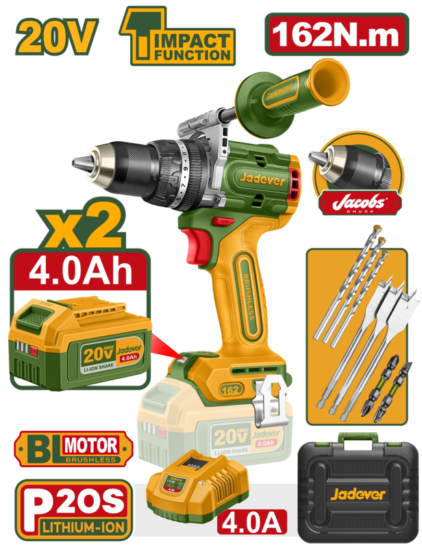 TALADRO ATORNILLADOR CON IMPACTO MOTOR BRUSHLESS 20V PAR MÁXIMO: 162 NM - MANDRIL METÁLICO DE 13 MM AJUSTES DE PAR: 23+1+1 INCLUYE: BATERÍAS CARGADOR BROCAS 2 PUNTAS