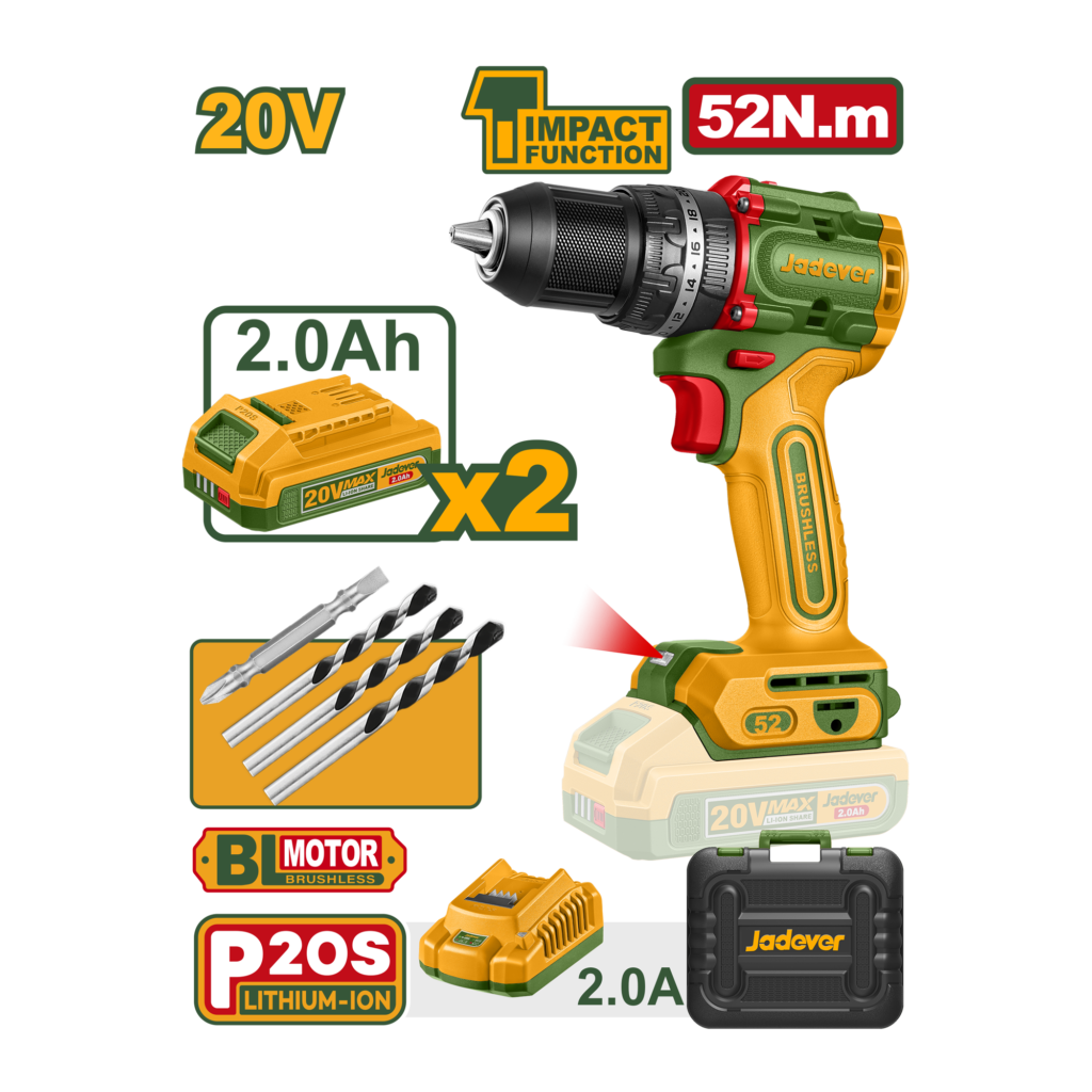 TALADRO ATORNILLADOR CON IMPACTO MOTOR BRUSHLESS 20V PAR MÁXIMO: 52 NM MANDRIL: 13 MM AJUSTES DE PAR: 22+1+1 ENGRANAJE MECÁNICO DE 2 VELOCIDADES INCLUYE: BATERÍAS Y CARGADOR BROCAS