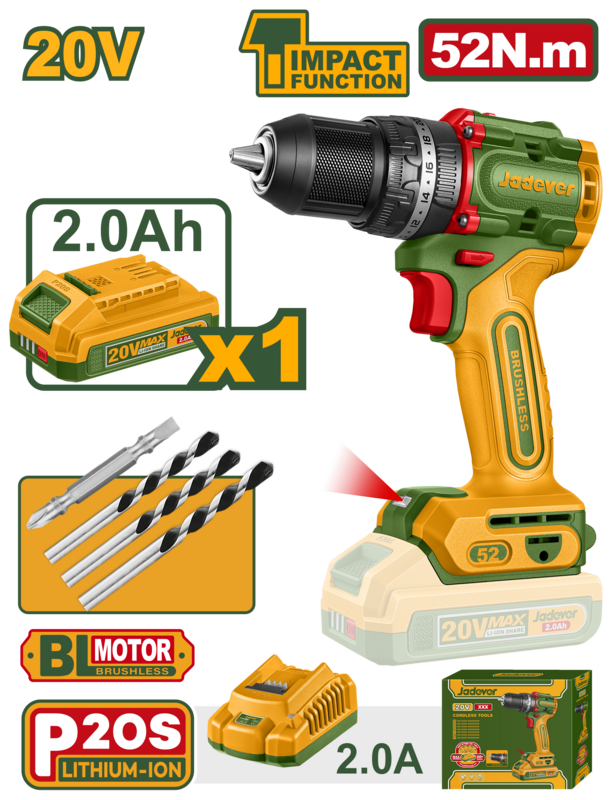 TALADRO ATORNILLADOR CON IMPACTO MOTOR BRUSHLESS 20V PAR MÁXIMO: 52 NM MANDRIL: 13 MM AJUSTES DE PAR: 22+1+1 ENGRANAJE MECÁNICO DE 2 VELOCIDADES INCLUYE: BATERÍAS Y CARGADOR BROCAS