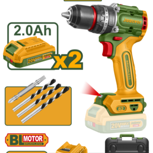TALADRO ATORNILLADOR CON PERCUSION - BRUSHLESS 20V - 82 NM MANDRIL METÁLICO DE 13 MM AJUSTES DE PAR: 22+1+1 ENGRANAJE MECÁNICO DE 2 VELOCIDADES INCLUYE: BROCAS BATERÍAS Y CARGADOR