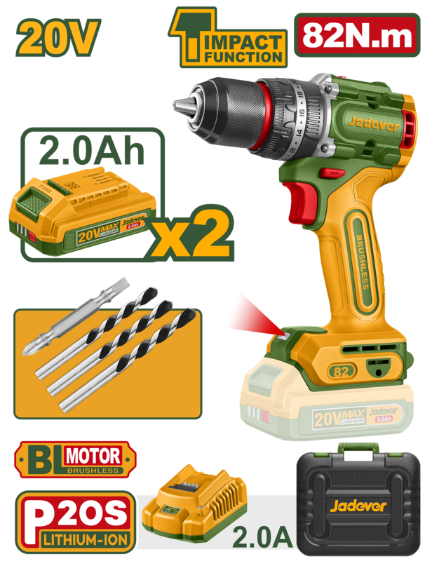 TALADRO ATORNILLADOR CON PERCUSION - BRUSHLESS 20V - 82 NM MANDRIL METÁLICO DE 13 MM AJUSTES DE PAR: 22+1+1 ENGRANAJE MECÁNICO DE 2 VELOCIDADES INCLUYE: BROCAS BATERÍAS Y CARGADOR