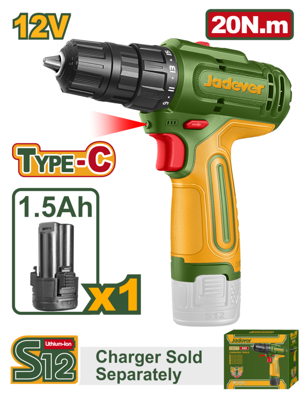TALADRO INALÁMBRICO 1500 RPM – VOLTAJE: 12V – MÁX. PAR: 20NM – PORTABROCAS: 0,8 – 10MM – AJUSTES DE PAR: 15+1 – 2 VELOCIDADES – BATERÍA DE 1,5AH – TERMINAL DE CARGA: USB TIPO C (CARGADOR NO INLUIDO)