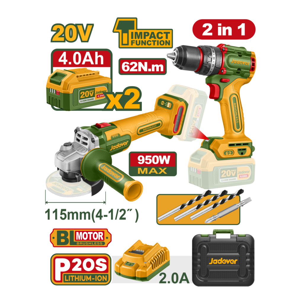 COMBO KIT INALAMBRICO 20V - AMOLADORA ANGULAR 4 1/2 (JDLAP5322) MAS TALADRO ATORNILLADOR CON PERCUSION (JDCDP6281)