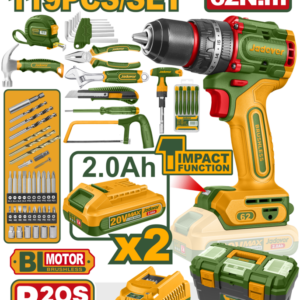 JUEGO DE HERRAMIENTAS DE 119 PIEZAS INCLUYE TALADRO ATORNILLADOR DE 20V, CAJA Y HERRAMIENTAS SEGÚN IMAGEN