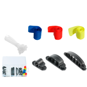 KIT ORGANIZADOR DE CABLES DE 71 PIEZAS - PA + PE + ACERO AL C - 6 PORTACABLES GRANDES + 4 PORTACABLES MEDIANO + 8 PORTACABLES CHICO + 50 PRECINTOS 100MM + 6 CINTAS CON VELCRO