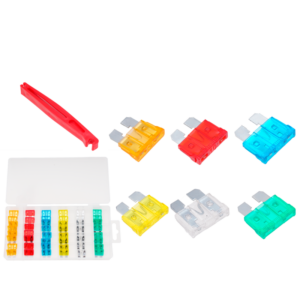 JUEGO DE FUSIBLES PARA AUTOMÓVIL DE 49 PIEZAS - PC + ZINC - CORRIENTES: 5 A, 10 A, 15 A, 20 A, 25 A, 30 A + 1 CLIP DE SEGURIDAD