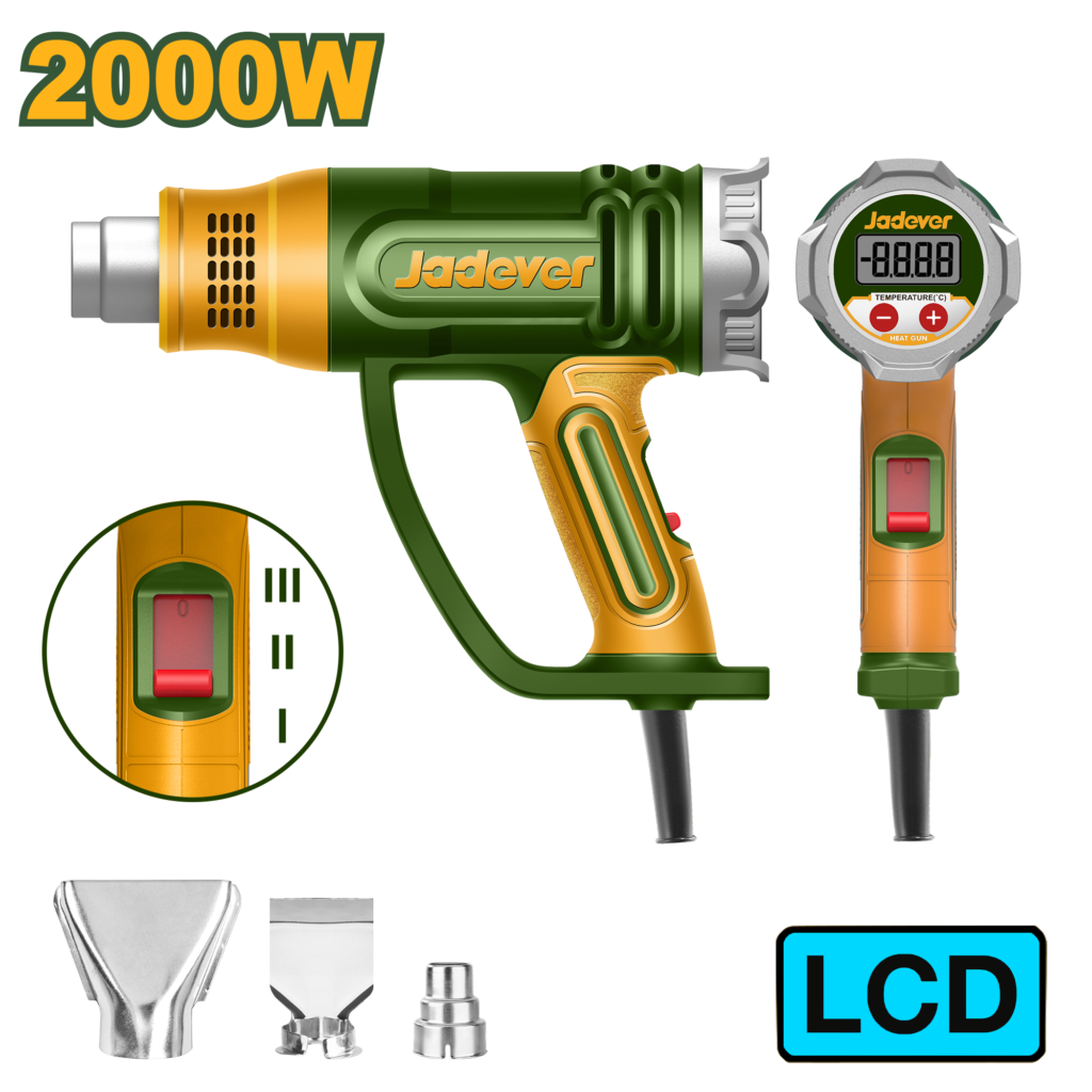 PISTOLA DE CALOR POTENCIA 2000W, 220V-240V~50/60Hz, TEMPERATURA 50/50-600/50-600°C, FLUJO DE AIRE 450/300/450 L/MIN, INCLUYE TRES BOQUILLAS, UN RASCADOR