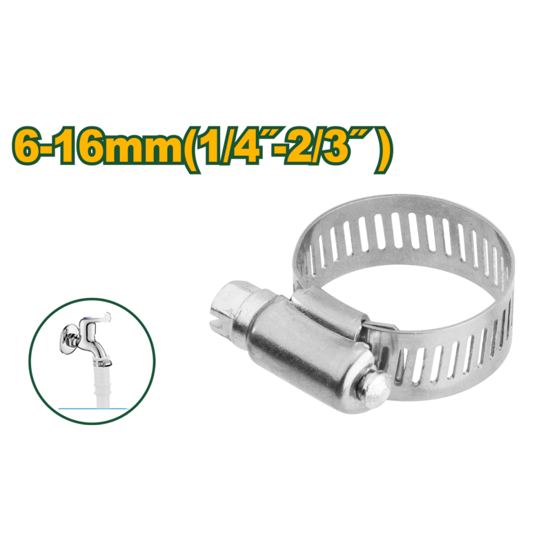 ABRAZADERA DE MANGUERA TIPO AMERICANO - RANGO DE APERTURA: 6 - 16MM - ANCHO: 8MM - TORNILLO DE CABEZA HEXAGONAL RANURADO - ACERO INOXIDABLE - 50 UNIDADES/BOLSA