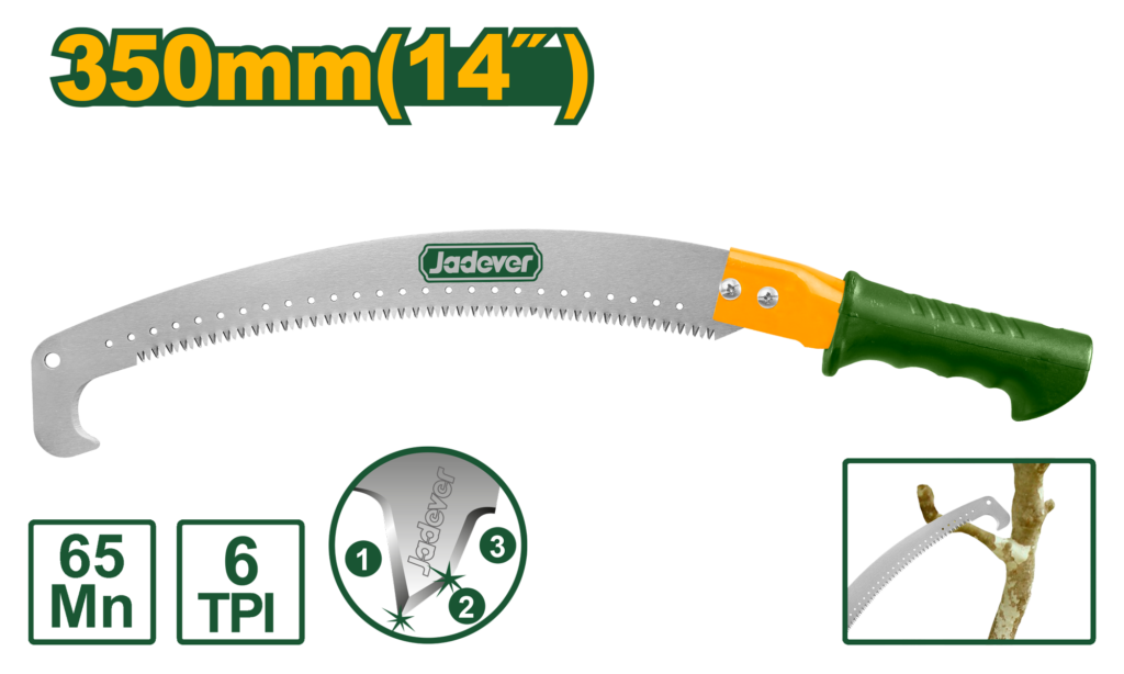 SIERRA DE PODA, TAMAÑO 350MM, DIENTES TRIPLES 6TPI, MATERIAL 65Mn, MANGO DE ACERO CON RECUBRIMIENTO DE PVC