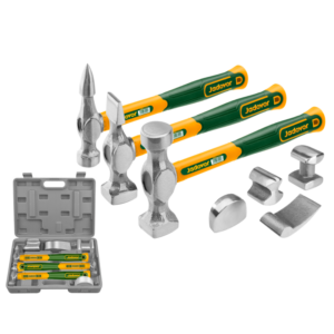 KIT DE MARTILLOS PARA CARROCERÍA Y GUARDABARROS DE 7 PIEZAS (MANGO DE NOGAL GENUINO): 3 MARTILLOS DE PRECISIÓN + 3 PLATAFORMAS PARA DAR FORMA + 1 TACÓN DORRY