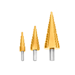 KIT DE MECHAS CÓNICAS ESCALONADAS DE 3 PIEZAS - 1 PIEZA DE 4-12MM + 1 PIEZA DE 4-20MM + 1 PIEZA DE 4-32MM - ACERO RÁPIDO - MAX. ESPESOR DE PLACA DE ACERO ?3MM