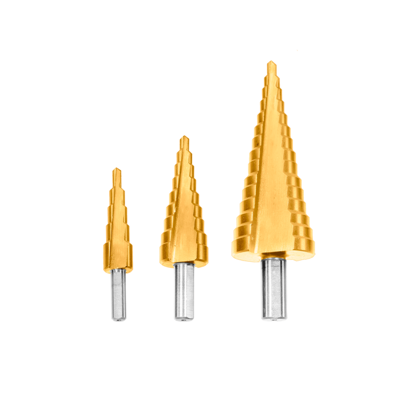 KIT DE MECHAS CÓNICAS ESCALONADAS DE 3 PIEZAS -  1 PIEZA DE 4-12MM + 1 PIEZA DE 4-20MM +  1 PIEZA DE 4-32MM - ACERO RÁPIDO - MAX. ESPESOR DE PLACA DE ACERO ?3MM
