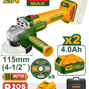 AMOLADORA ANGULAR INALÁMBRICA BRUSHLESS 9000 RPM CON DOS BATERÍAS LI-ION 4Ah - 20V - DIÁMETRO DEL DISCO: 115MM - ROSCA DEL HUSILLO: M14 - INCLUYE CARGADOR - EN MALETIN