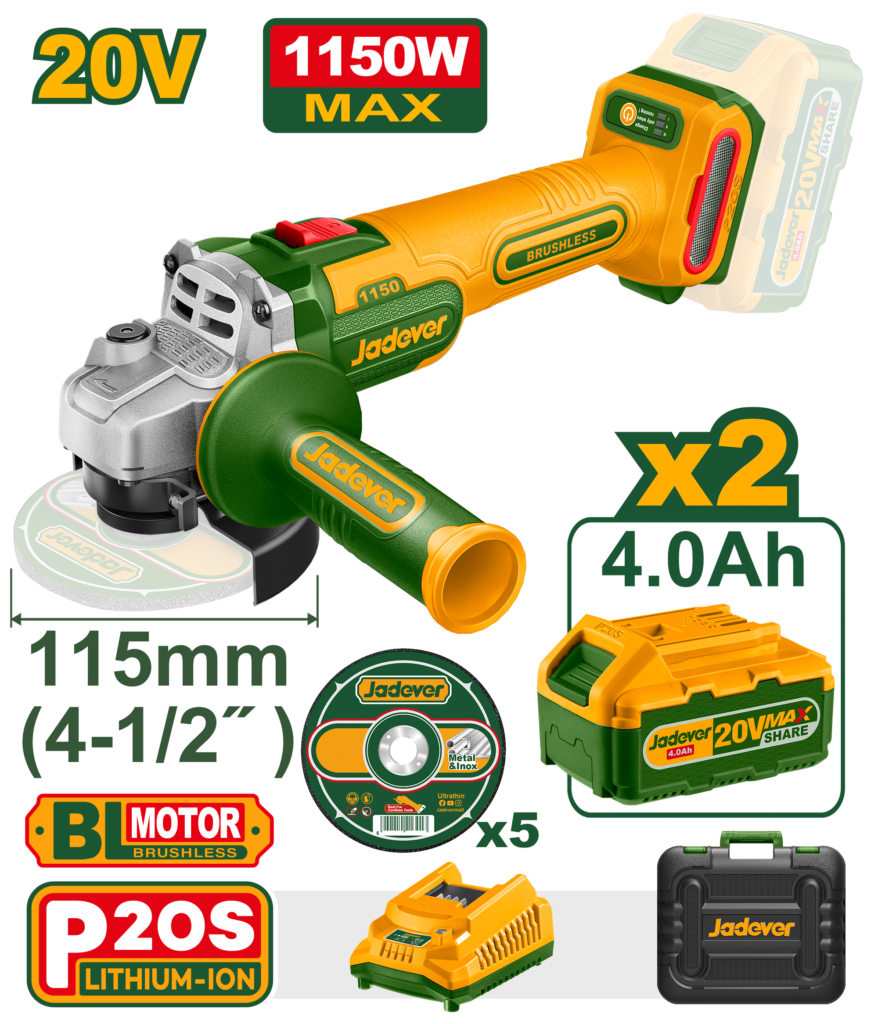 AMOLADORA ANGULAR INALÁMBRICA BRUSHLESS 9000 RPM CON DOS BATERÍAS LI-ION 4Ah - 20V - DIÁMETRO DEL DISCO: 115MM - ROSCA DEL HUSILLO: M14 - INCLUYE CARGADOR - EN MALETIN