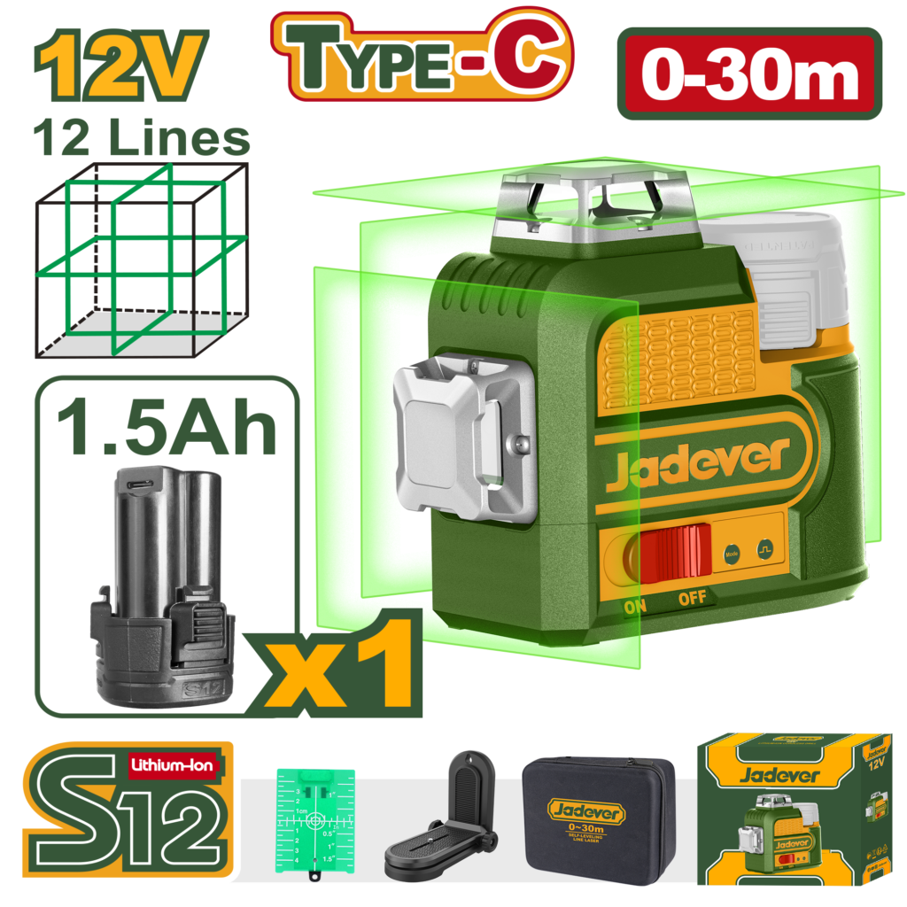 NIVEL LÁSER VERDE, VOLTAJE: 12V, RANGO DE TRABAJO: ~30 M, ÁNGULO DE AUTONIVELACIÓN <=4, LÁSER CLASE II, <1MW, CON 1*360° LÍNEA LÁSER HORIZONTAL Y 2* 360° LÍNEA LÁSER VERTICAL, TEMPERATURA: 0~+40?