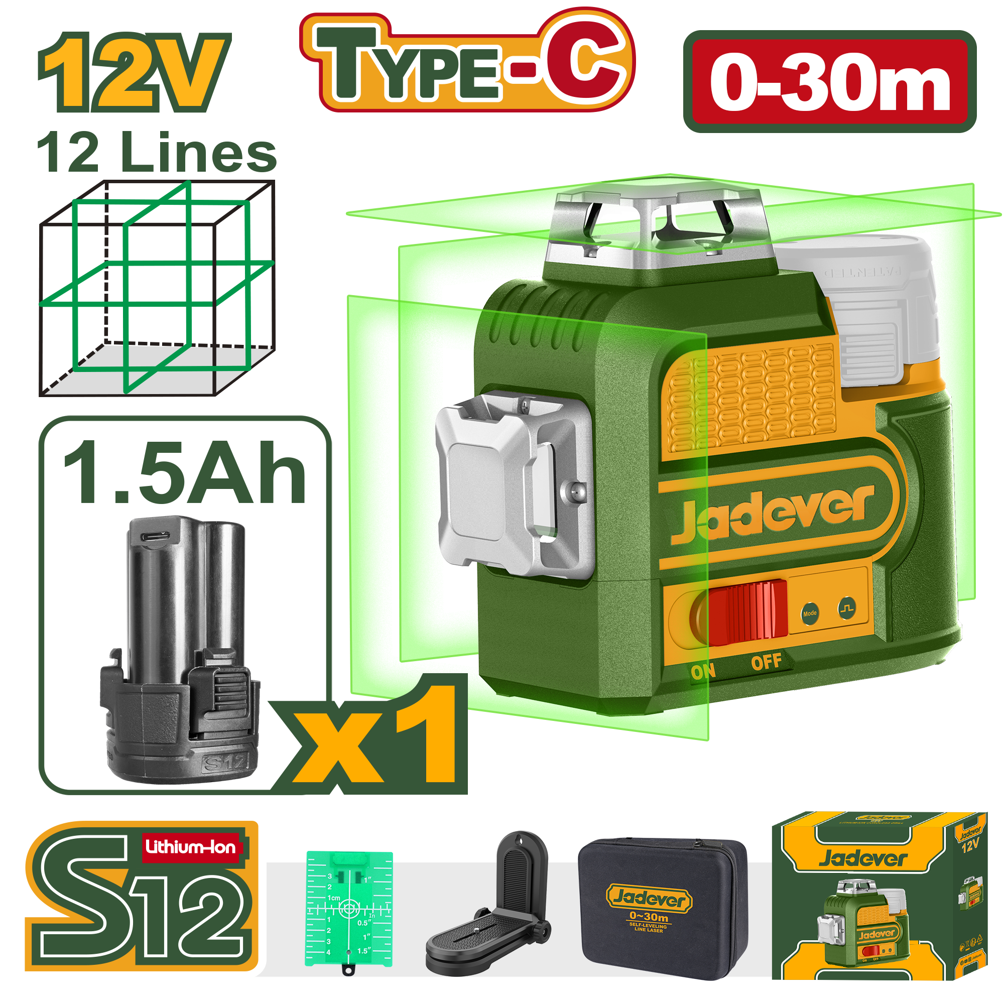 NIVEL LÁSER VERDE, VOLTAJE: 12V, RANGO DE TRABAJO: ~30 M, ÁNGULO DE AUTONIVELACIÓN <=4, LÁSER CLASE II, <1MW, CON 1*360° LÍNEA LÁSER HORIZONTAL Y 2* 360° LÍNEA LÁSER VERTICAL, TEMPERATURA: 0~+40?