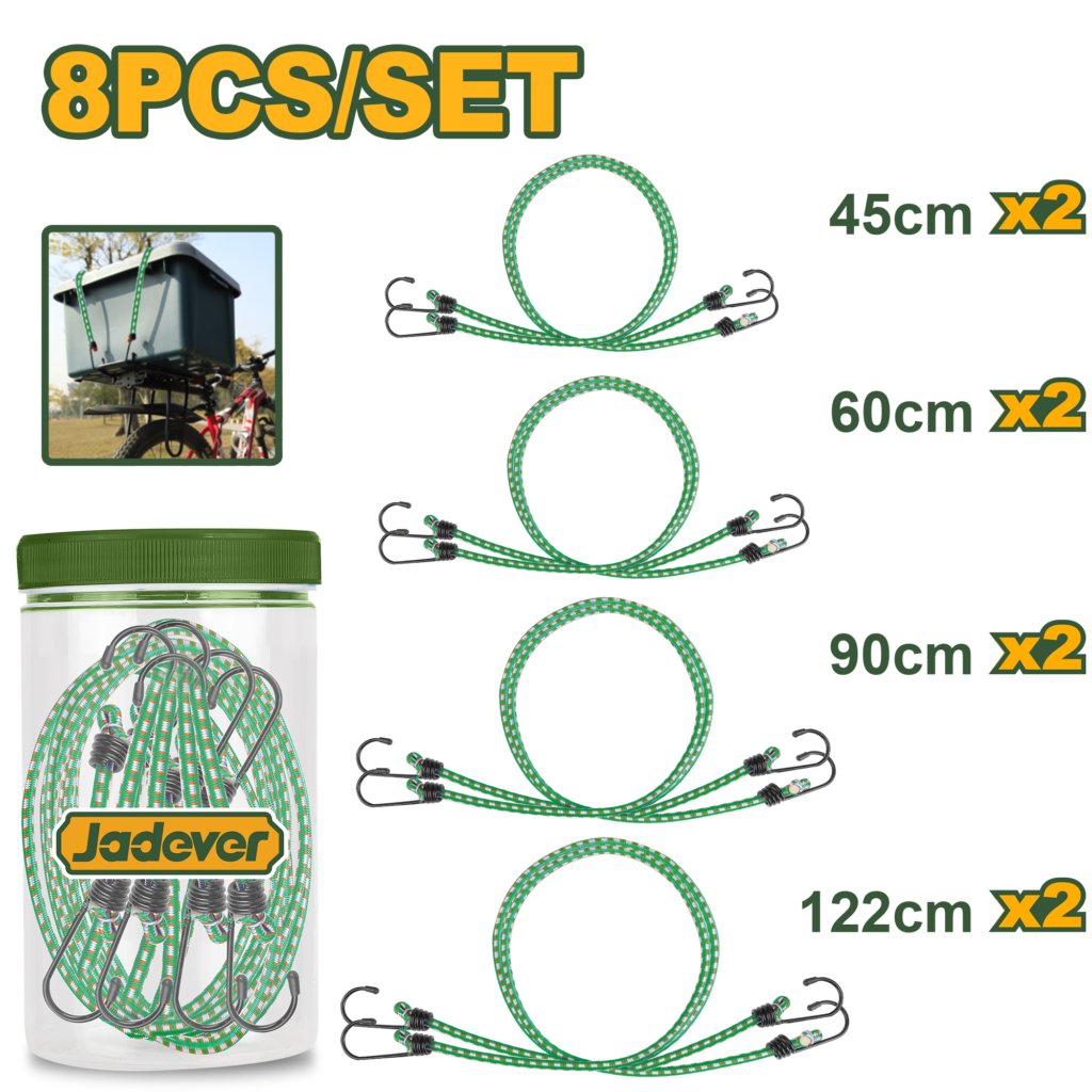 SET 8 PIEZAS, JUEGO DE ELASTICOS PARA VALIJAS, 2X45CM, 2X60CM, 2X90CM, 2X122CM, MATERIAL PP, GOMA GANCHO