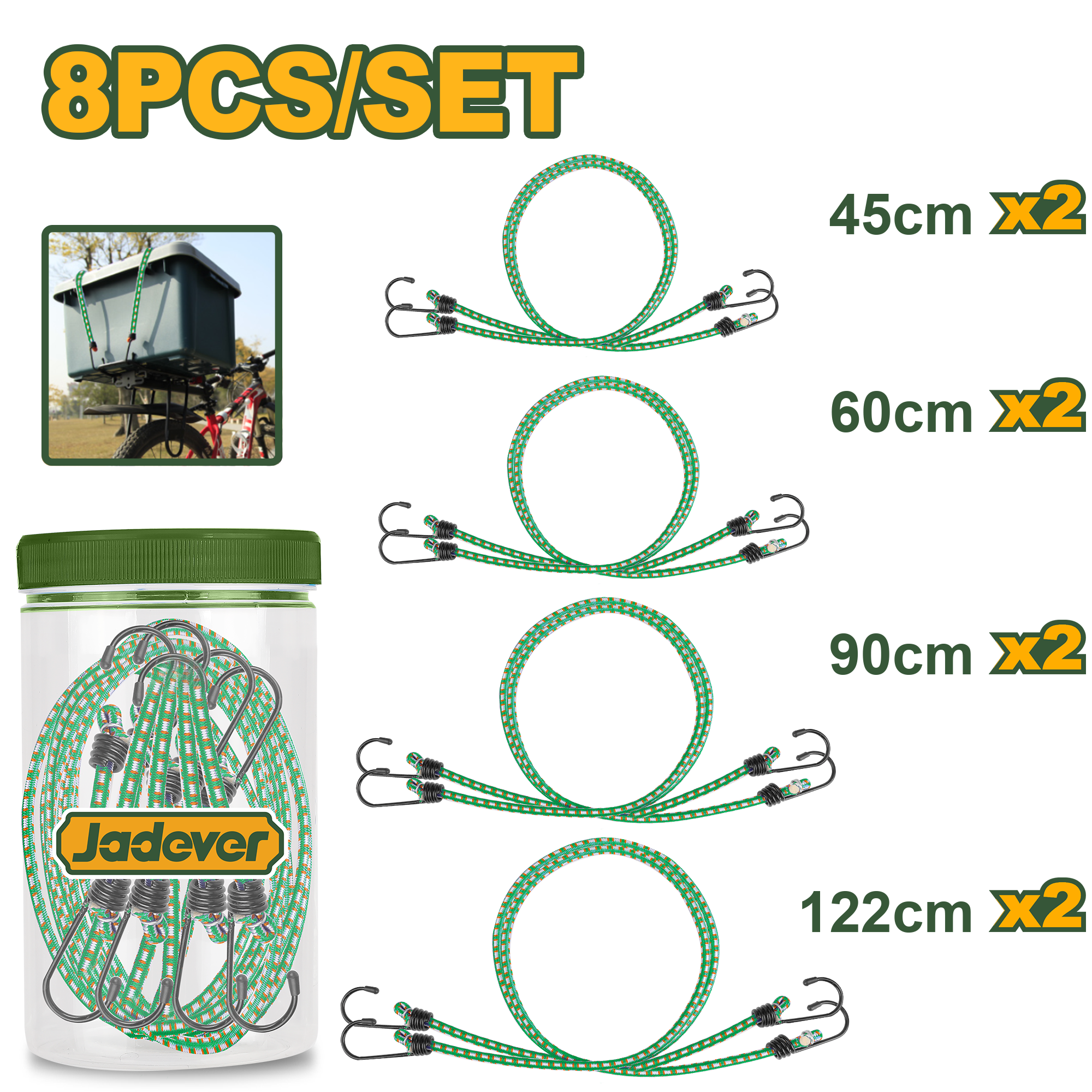 SET 8 PIEZAS, JUEGO DE ELASTICOS PARA VALIJAS, 2X45CM, 2X60CM, 2X90CM, 2X122CM, MATERIAL PP, GOMA GANCHO
