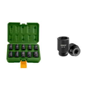 KIT DE VASOS DE IMPACTO DE 10 PIEZAS DE 1/2'' - 40MM - TAMAÑO: 10, 12, 13, 14, 15, 17, 19, 21, 22, 24MM - MATERIAL: CR-V + TRAT. TÉRMICO