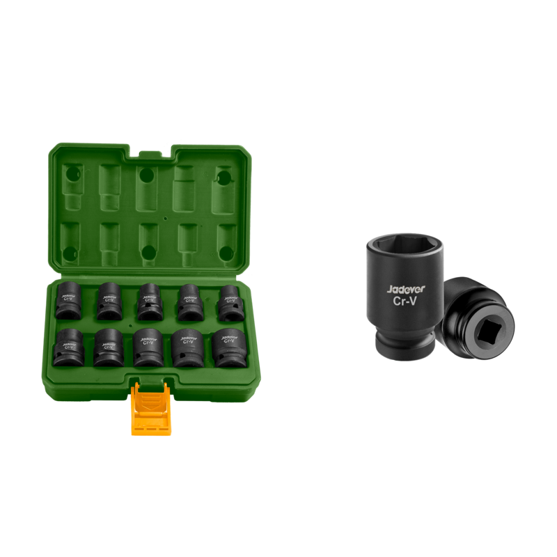 KIT DE VASOS DE IMPACTO DE 10 PIEZAS DE 1/2″ - 40MM - TAMAÑO: 10, 12, 13, 14, 15, 17, 19, 21, 22, 24MM - MATERIAL: CR-V + TRAT. TÉRMICO
