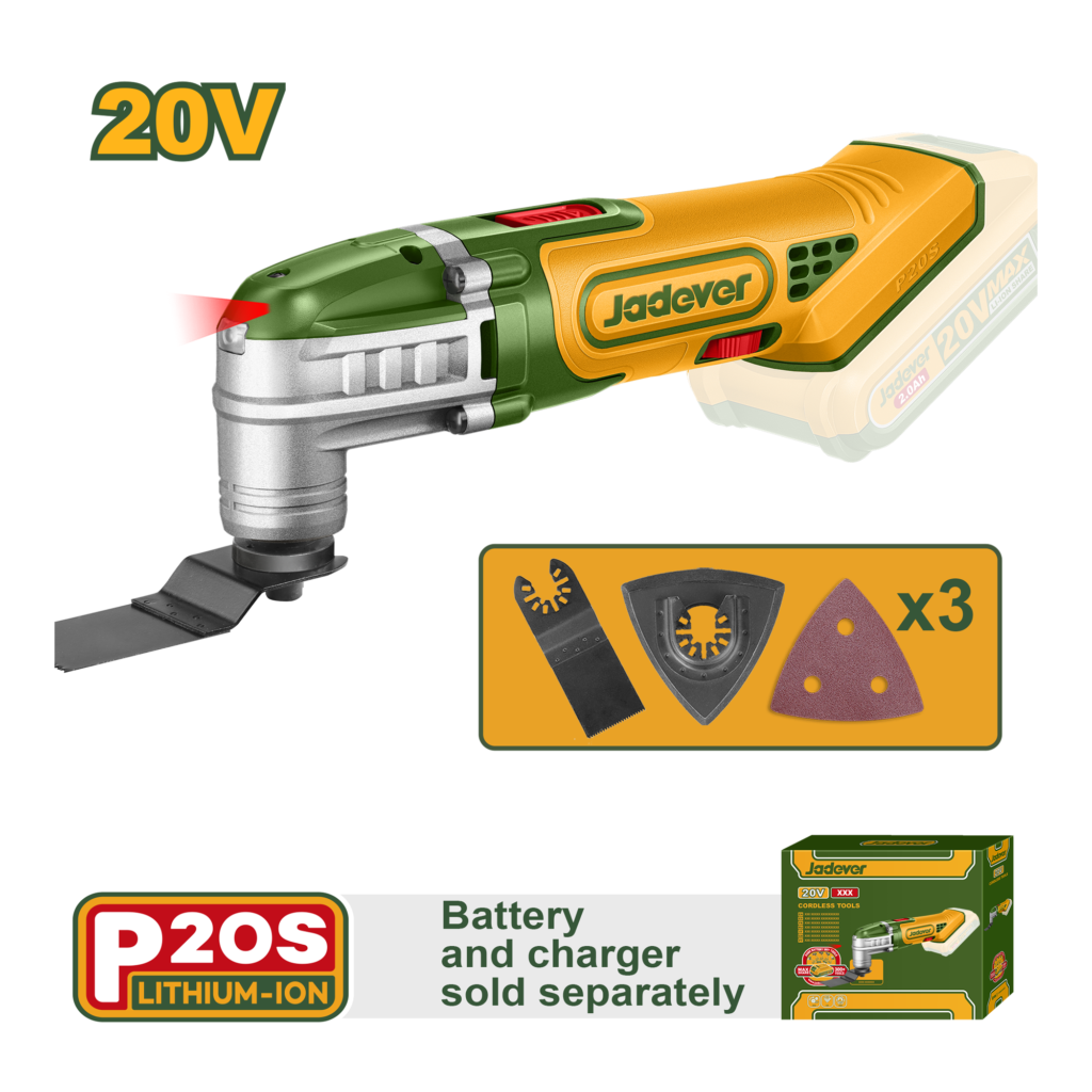 MULTIHERRAMIENTA A BATERÍA 20V VELOCIDAD SIN CARGA: 5000-20000RPM ÁNGULO DE OSCILACIÓN: 3,2° AJUSTE DE 6 VELOCIDADES INCLUYE ACCESORIOS LA BATERÍA Y EL CARGADOR SE VENDEN POR SEPARADO
