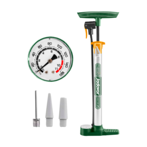 INFLADOR MANUAL CON BASE CON MANOMETRO - 160PSI - 3 PICOS - CILINDRO DE ACERO Y PEDAL DE GOMA - TAMAÑO: Ø32 X 390MM