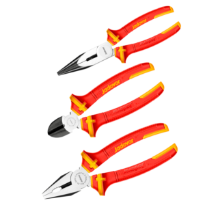 KIT PINZAS AISLADAS 3 PIEZAS: PINZA UNIVERSAL 7'', PINZA DE PUNTA LARGA 6'', ALICATES DE CORTE DIAGONAL 6'', MÁX TENSIÓN 1000V