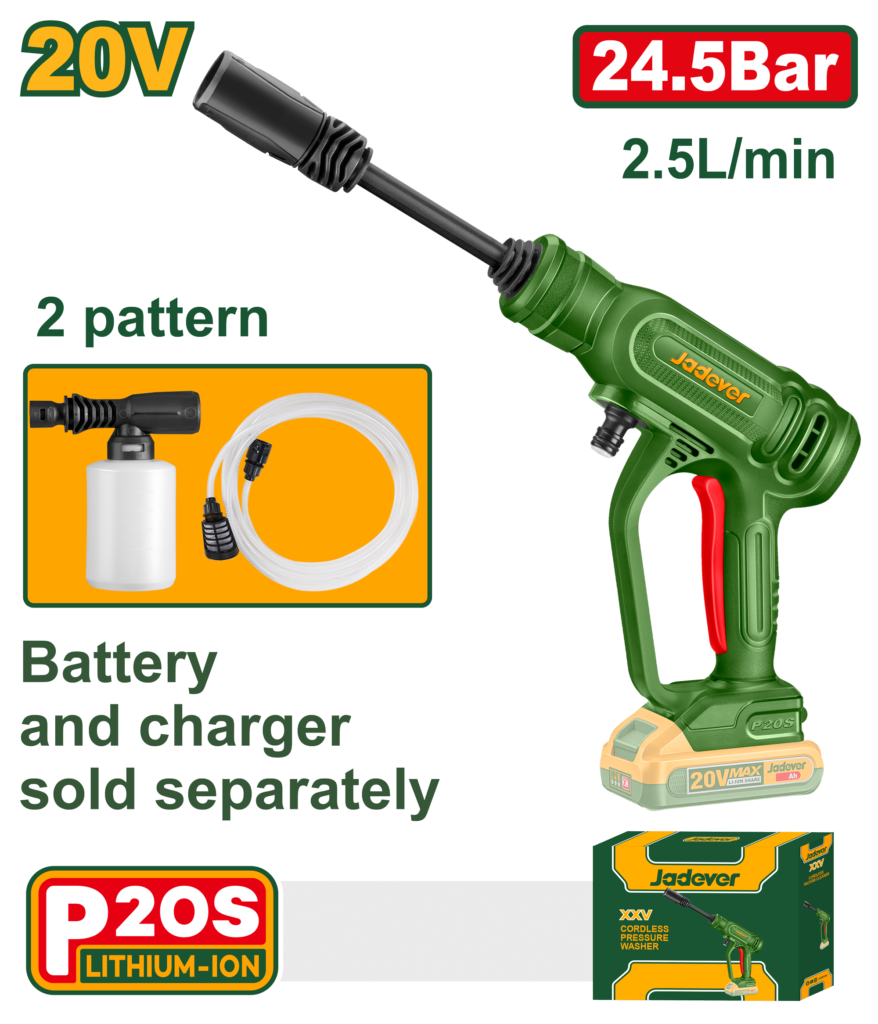 PISTOLA DE HIDROLAVADO INALAMBRICA, TENSION 20V, INCLUYE JUEGO DE PISTOLA, MANGUERA DE ENTRADA DE AGUA 3M CON CONECTOR RAPIDO, PRODUCTOR DE ESPUMA 200ML, NO INCLUYE BATERIA Y CARGADOR