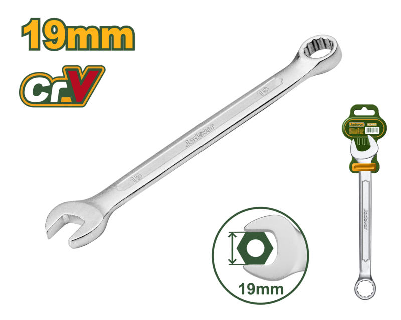 LLAVE COMBINADA - TAMAÑO: 19 MM LONGITUD: 230 MM MATERIAL: ACERO CR-V PULIDO FINO CROMADO, ACABADO MATE
