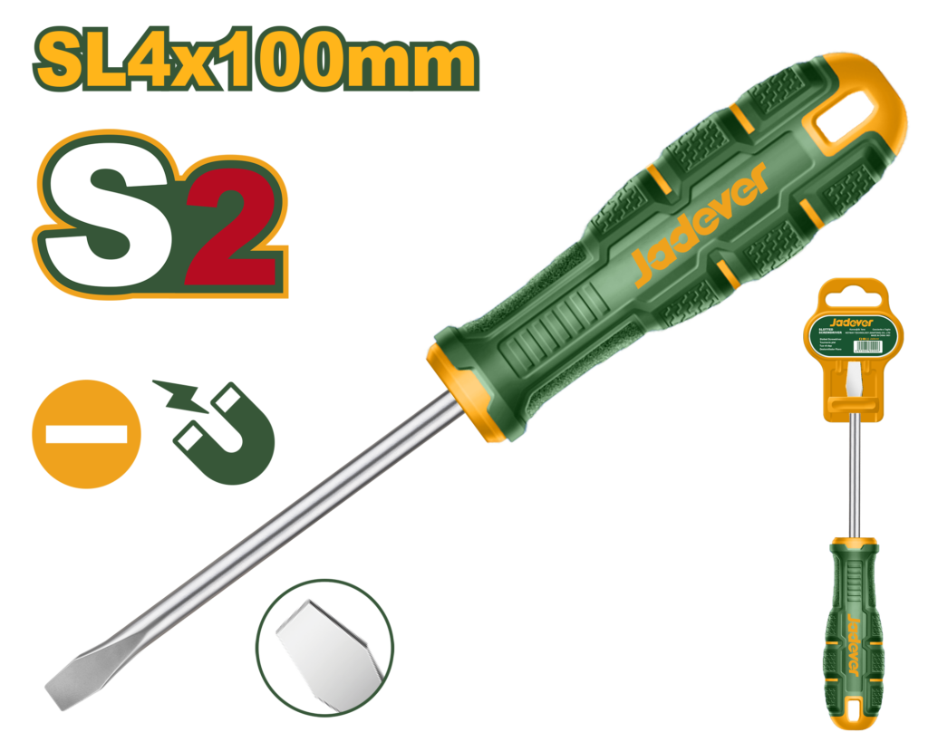 DESTORNILLADOR PLANO, PUNTA SL4 MAGNETICA, TAMAÑO 4MM, MATERIAL DE LA HOJA S2, LONGITUD 100MM, DIAMETRO 4MM, MANGO ERGONOMICO REDONDO, CON FUENTE IMANTADA, EMPAQUETADO CON PERCHA DE PLASTICO