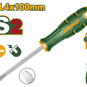DESTORNILLADOR PLANO, PUNTA SL4 MAGNETICA, TAMAÑO 4MM, MATERIAL DE LA HOJA S2, LONGITUD 100MM, DIAMETRO 4MM, MANGO ERGONOMICO REDONDO, CON FUENTE IMANTADA, EMPAQUETADO CON PERCHA DE PLASTICO