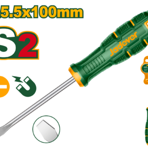 DESTORNILLADOR PLANO, PUNTA SL5.5 MAGNETICA, MATERIAL DE LA HOJA S2, LONGITUD 100MM, DIAMETRO 5.5MM, MANGO ERGONOMICO REDONDO, CON FUENTE IMANTADA, EMPAQUETADO CON PERCHA PLASTICA