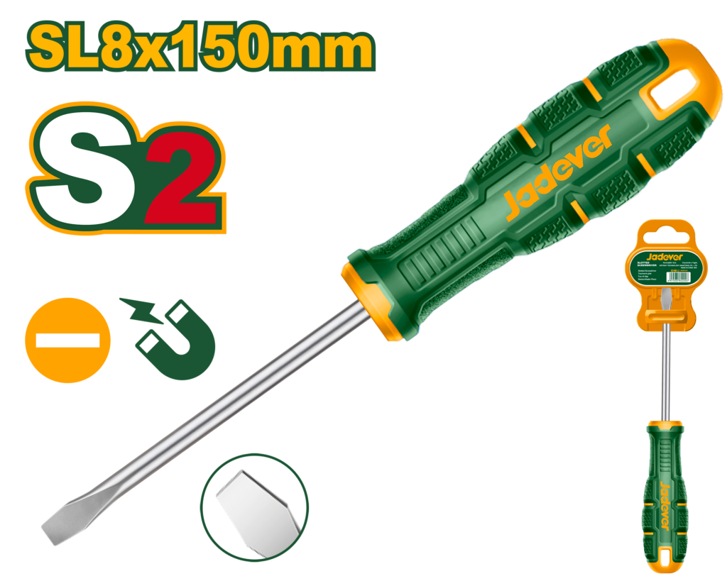 DESTORNILLADOR PLANO, PUNTA SL8 MAGNETICA, MATERIAL DE LA HOJA S2, LONGITUD 150MM, RANURADO 8MM, MANGO ERGONOMICO REDONDO, CON FUENTE IMANTADA, EMBALADO POR LA PERCHA DE PLASTICO
