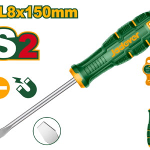 DESTORNILLADOR PLANO, PUNTA SL8 MAGNETICA, MATERIAL DE LA HOJA S2, LONGITUD 150MM, RANURADO 8MM, MANGO ERGONOMICO REDONDO, CON FUENTE IMANTADA, EMBALADO POR LA PERCHA DE PLASTICO