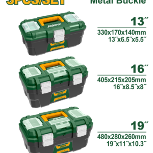 SET 3 CAJAS DE HERRAMIENTAS, TAMAÑO DE LAS CAJAS 330X170X140MM, 405X215X205MM, 480X280X260MM, HEBILLA DE METAL, INCLUYE UNA BANDEJA DE PLASTICO, TAPA SUPERIOR CON TRES ZONAS DE ALMACENAMIENTO