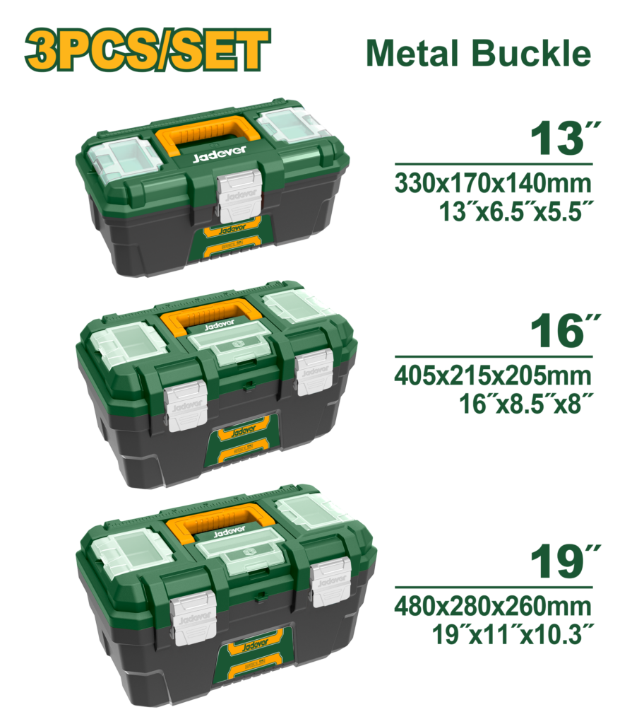 SET 3 CAJAS DE HERRAMIENTAS, TAMAÑO DE LAS CAJAS 330X170X140MM, 405X215X205MM, 480X280X260MM, HEBILLA DE METAL, INCLUYE UNA BANDEJA DE PLASTICO, TAPA SUPERIOR CON TRES ZONAS DE ALMACENAMIENTO