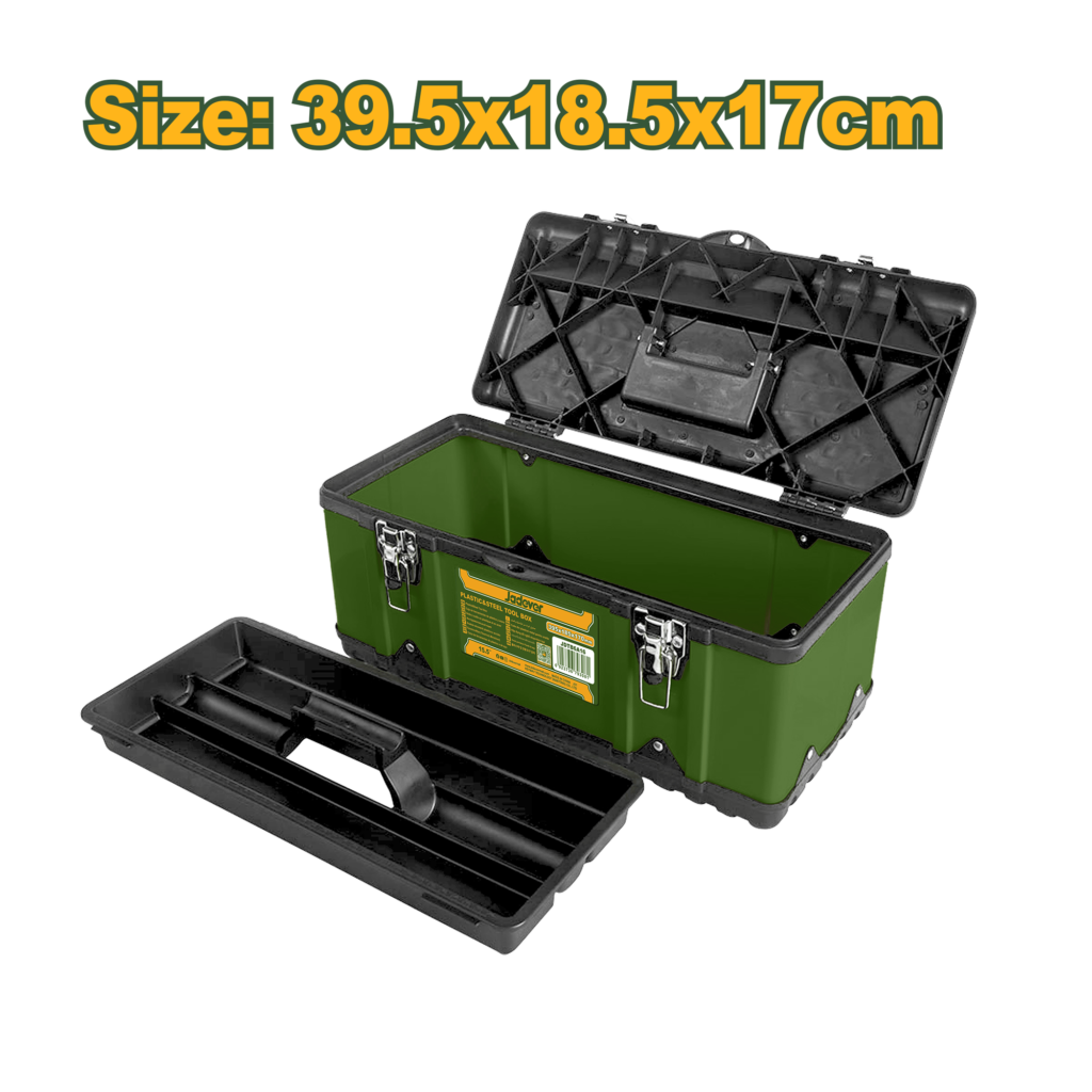 CAJA DE HERRAMIENTAS 15.5" MATERIAL: PP + ACERO HEBILLA METÁLICA TAMAÑO: 395X185X170MM CARGA MÁXIMA: 10 KG