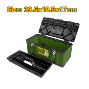 CAJA DE HERRAMIENTAS 15.5" MATERIAL: PP + ACERO HEBILLA METÁLICA TAMAÑO: 395X185X170MM CARGA MÁXIMA: 10 KG