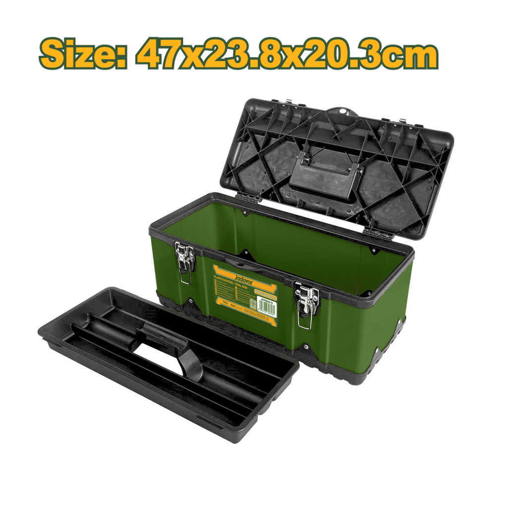 CAJA DE HERRAMIENTAS 18.5" MATERIAL: PP + ACERO HEBILLA METÁLICA TAMAÑO: 470X238X203MM CARGA MÁXIMA: 15 KG