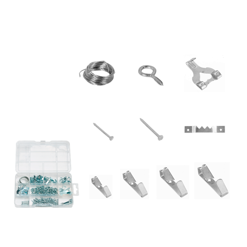 KIT DE SUSPENSION DE CUADROS DE 201 PIEZAS - ACERO AL C - 54 GANCHOS + 50 TORNILLOS + 96 CLAVOS + 1 ROLLO DE ALAMBRE