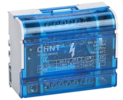 BORNERA REPARTIDORA DE ENERGIA Tetrapolar de 125A para 7 conexiones por polo. Montaje en Riel DIN