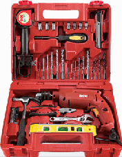 TALADRO DE IMPACTO ELECTRICO 500W DIAMETRO MAX. DE PROFUNDIDAD ACERO 10MM. PARED 13MM. MADERA 25MM INCLUYE MECHAS. PUNTAS DESTORNILLADOR. FRANCESA AJUSTABLE. CINTA METRICA. JUEGO DE TUBOS. CARBONES