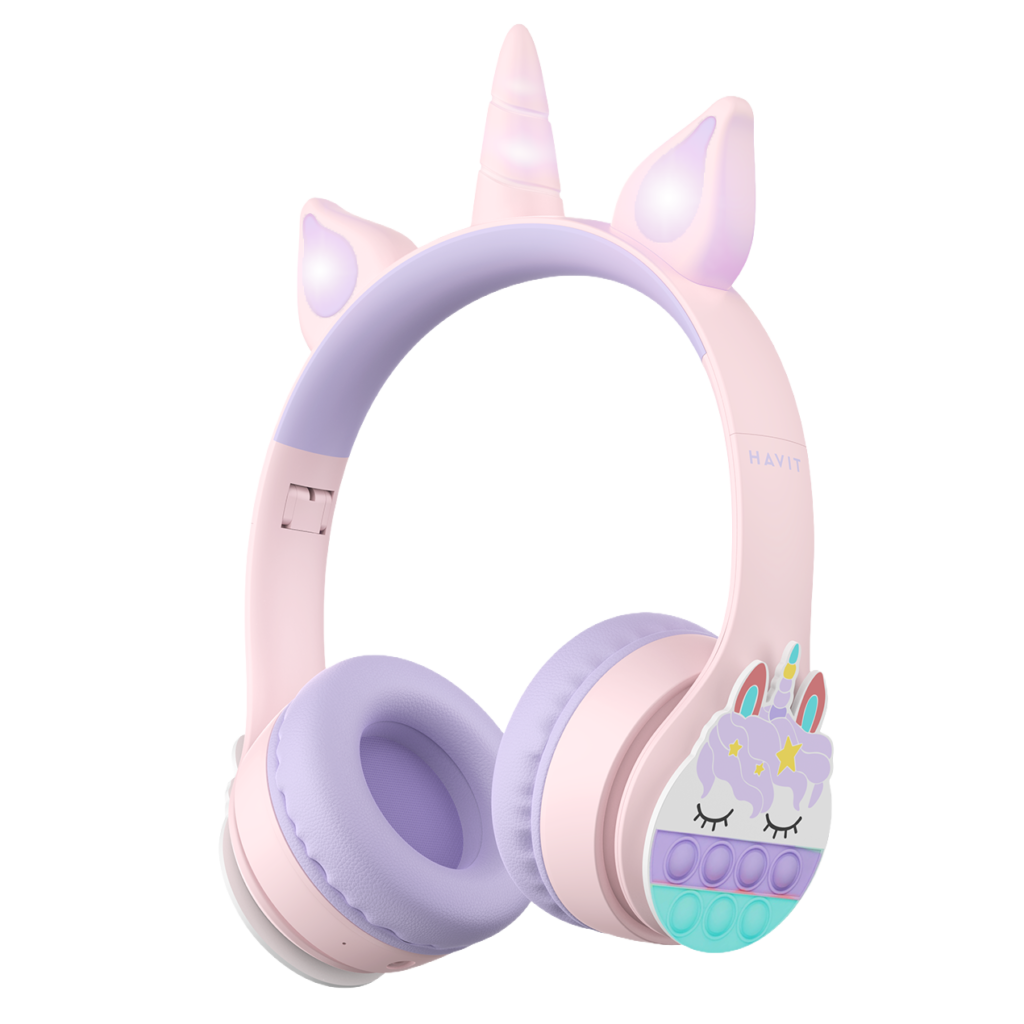 AURICULAR INFANTIL HAVIT UNICORNIO ROSA LUZ RGB Y MICROFONO AZUL