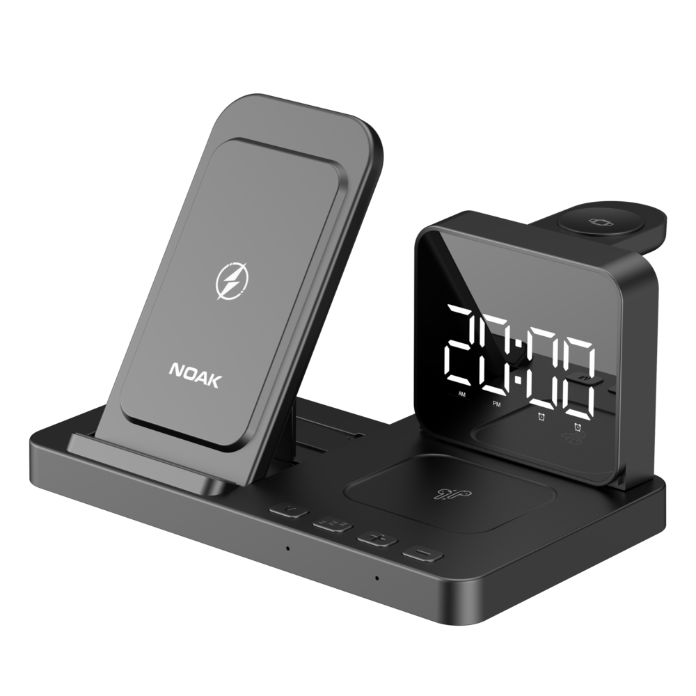 CARGADOR INALÁMBRICO 15W 3 EN 1 NOAK RELOJ DIGITAL USB NEGRO